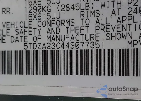 2004 Toyota Sienna Le из США, поврежденный, VIN 5TDZA23C44S077351